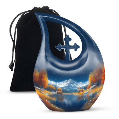Pastel Blue Deer Cremation Urn top-down view of secure threaded lid - sacred cross merged with deer motif on metal - full-size 10 inch 200 cubic inch adult cremation urn