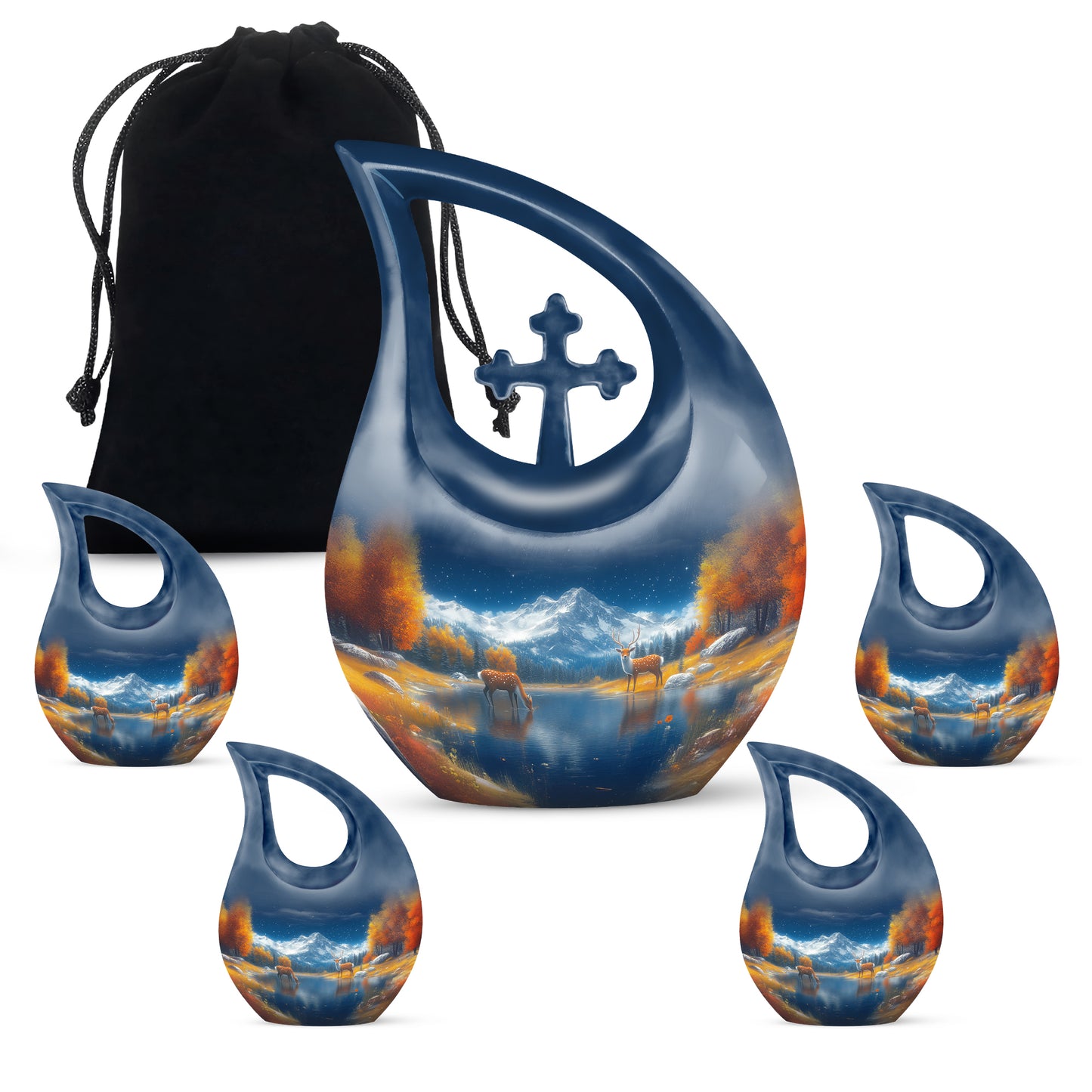 Navy Blue Deer Cremation Urn urn with complimentary velvet bag - cross and deer combined in spiritual memorial design - memorial set with one large and four small urns