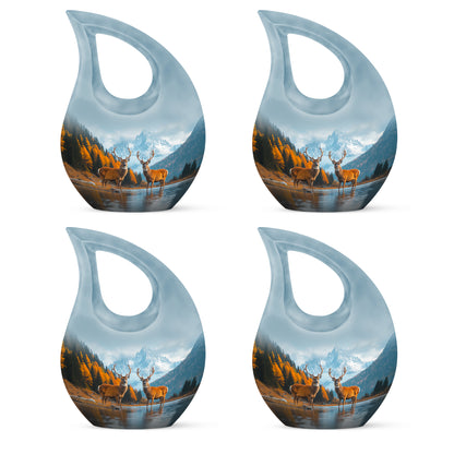 Calming Blue Deer Cremation Urn lifestyle display on memorial shelf - faith-inspired cross-drop urn with deer pattern - 10 inch aluminum urn for cremated remains