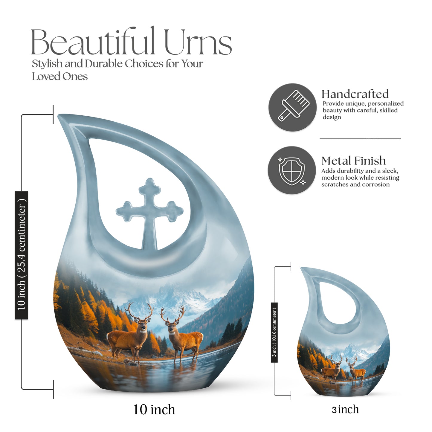 Indigo Deer Cremation Urn back view with polished surface - sacred cross merged with deer motif on metal - mini keepsake memorial for portion of cremation ashes