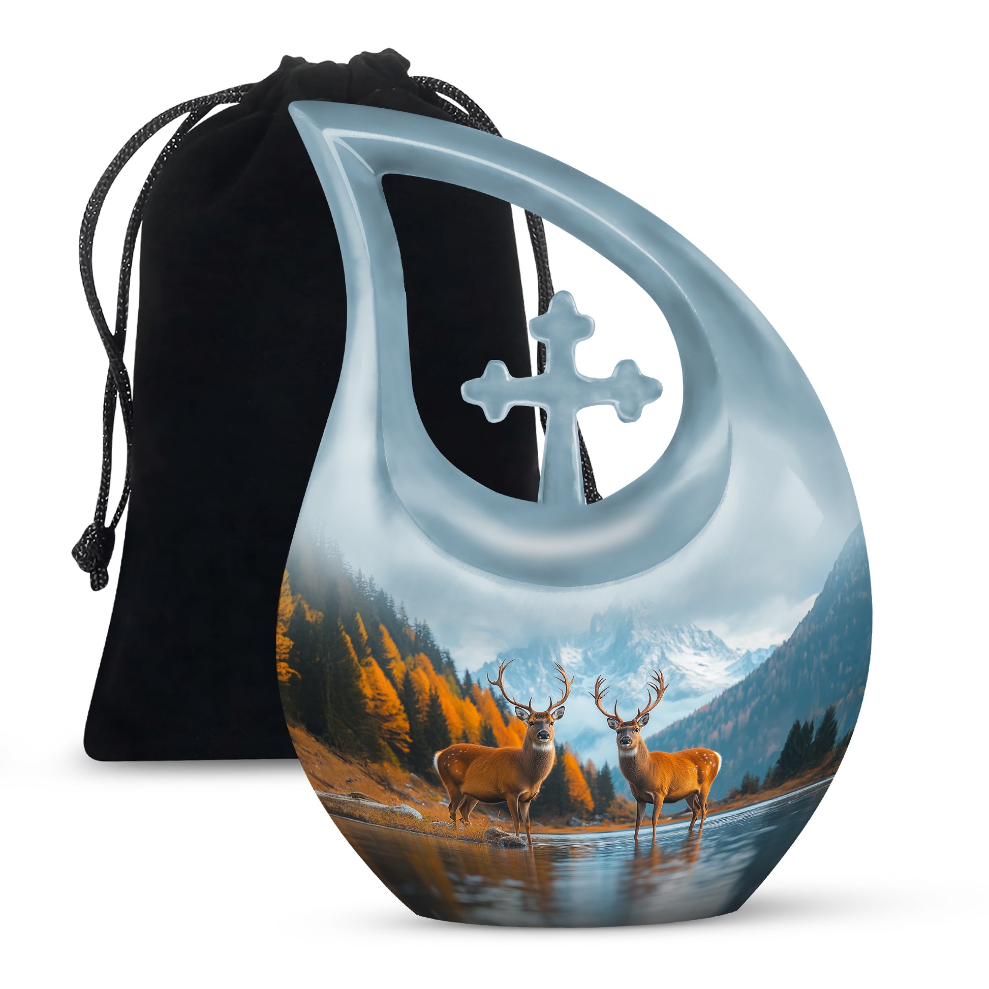 Azure Deer Cremation Urn top-down view of secure threaded lid - cross and deer combined in spiritual memorial design - full-size 10 inch 200 cubic inch adult cremation urn