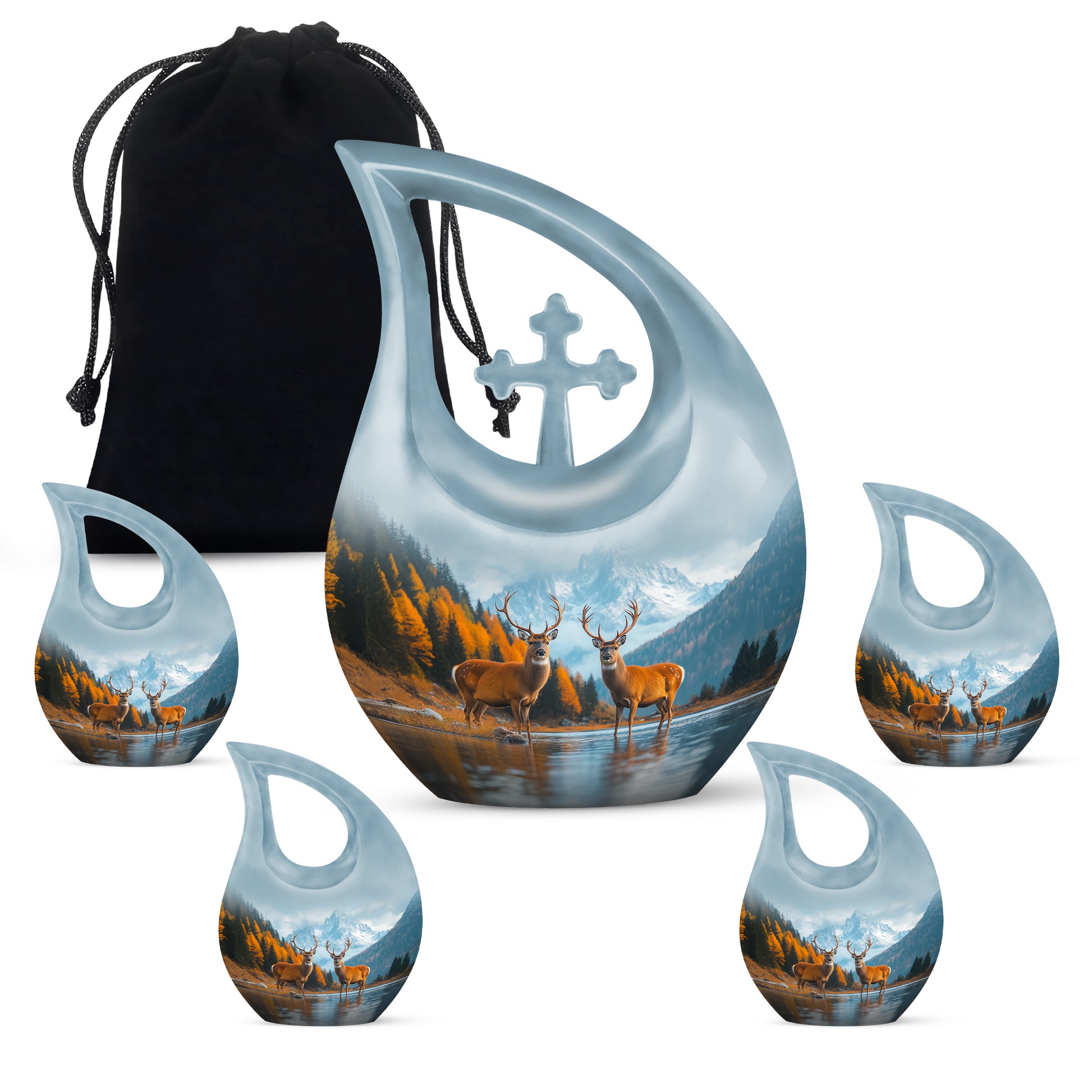 Cobalt Blue Deer Cremation Urn urn with complimentary velvet bag - faith-inspired cross-drop urn with deer pattern - memorial set with one large and four small urns