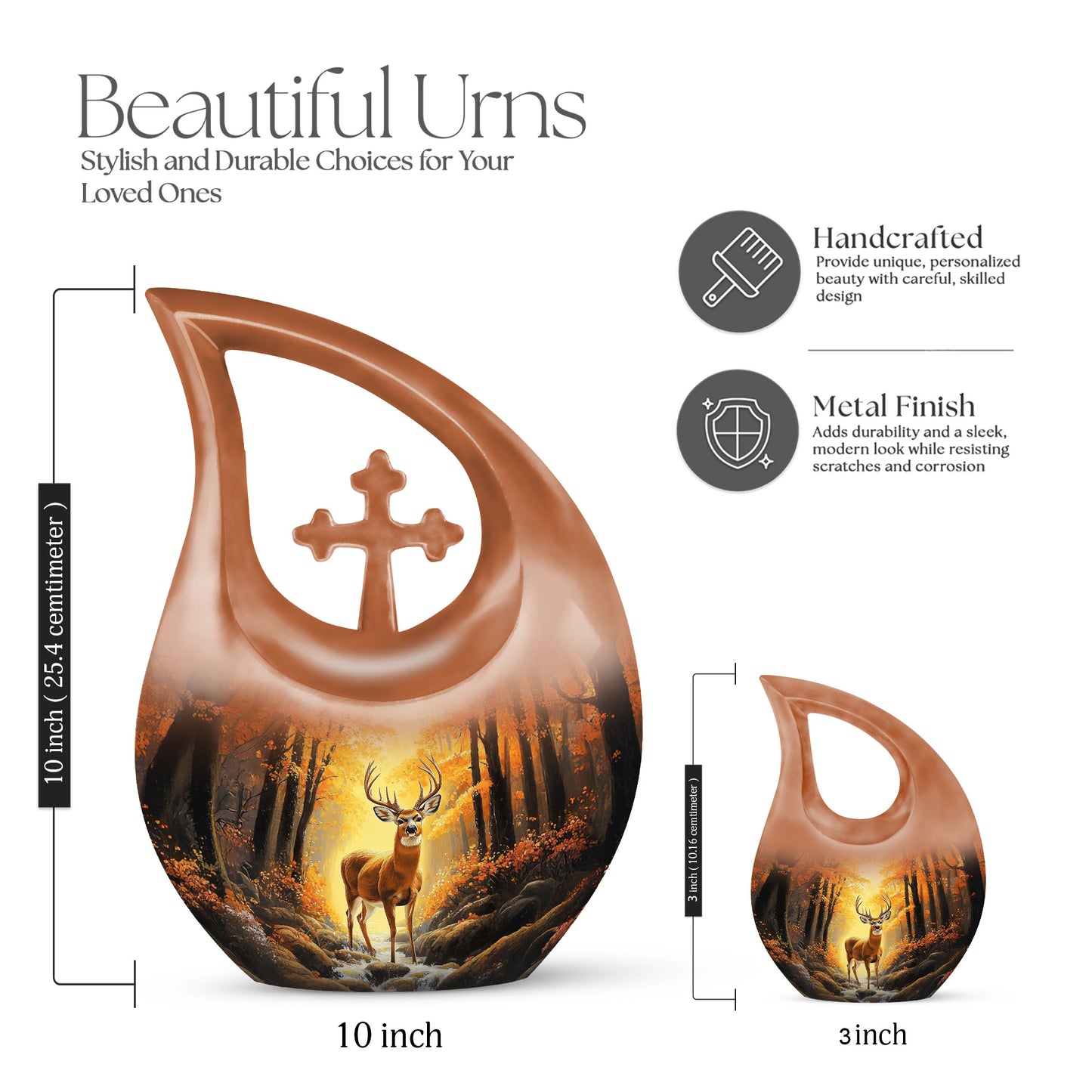 Harvest Gold Deer Cremation Urn back view with polished surface - devotional cross-drop deer engraving - mini keepsake memorial for portion of cremation ashes