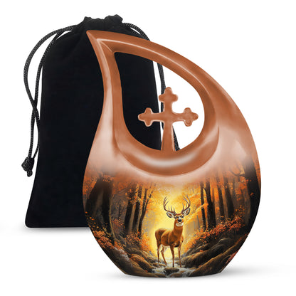 Amber Gold Deer Cremation Urn top-down view of secure threaded lid - sacred cross merged with deer motif on metal - full-size 10 inch 200 cubic inch adult cremation urn