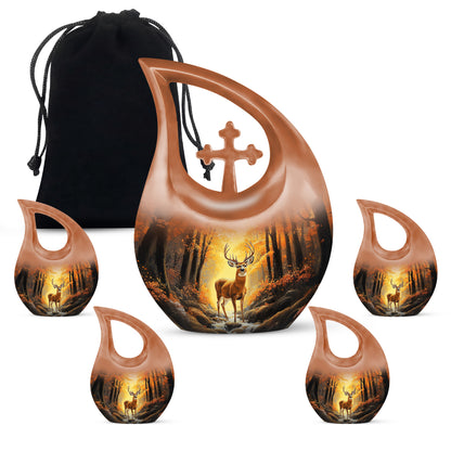 Royal Gold Deer Cremation Urn urn with complimentary velvet bag - devotional cross-drop deer engraving - memorial set with one large and four small urns