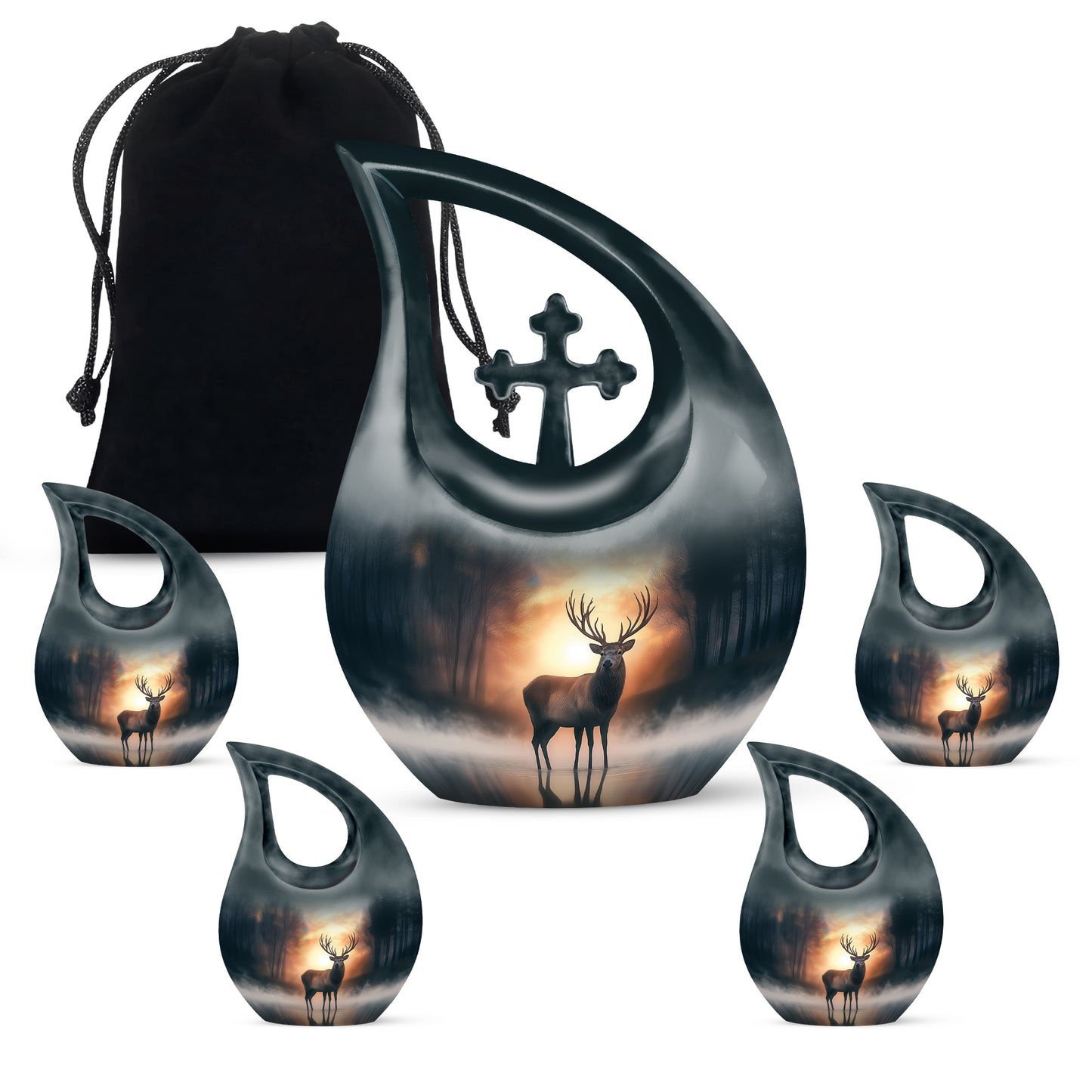 Warm Gold Deer Cremation Urn urn with complimentary velvet bag - faith-inspired cross-drop urn with deer pattern - memorial set with one large and four small urns