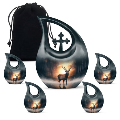Warm Gold Deer Cremation Urn urn with complimentary velvet bag - faith-inspired cross-drop urn with deer pattern - memorial set with one large and four small urns