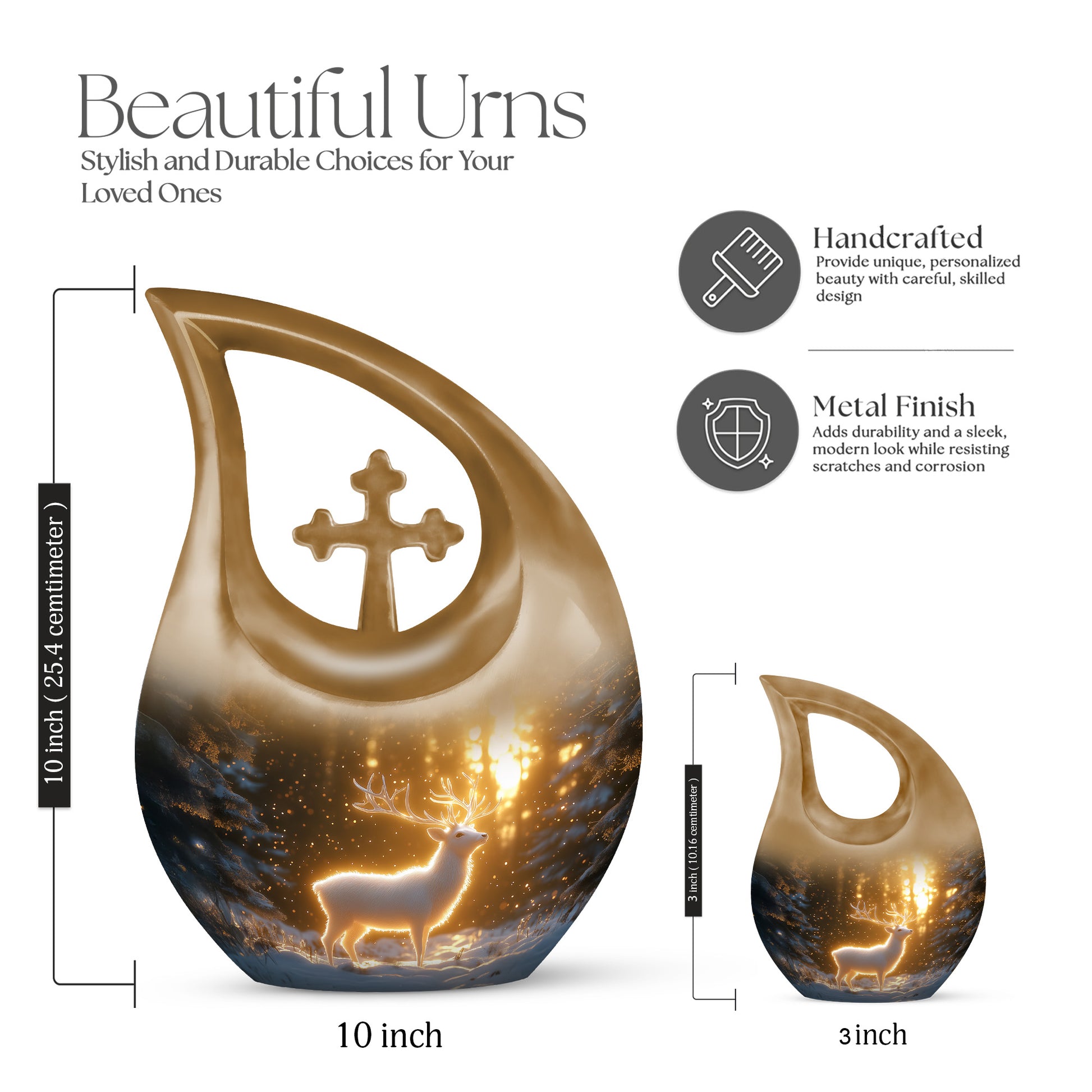 Royal Gold Deer Cremation Urn back view with polished surface - devotional cross-drop deer engraving - mini keepsake memorial for portion of cremation ashes