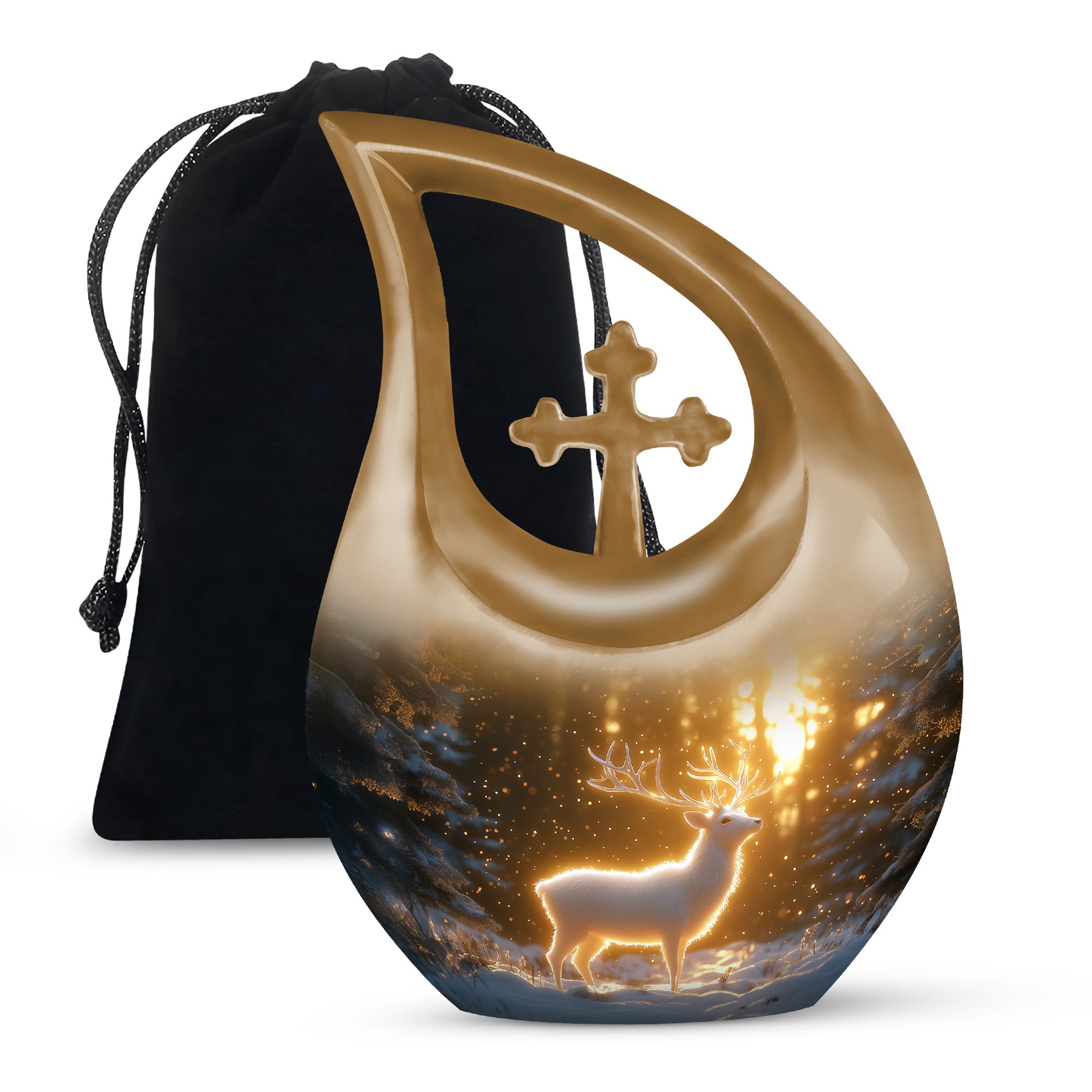 Burnished Gold Deer Cremation Urn top-down view of secure threaded lid - devotional cross-drop deer engraving - full-size 10 inch 200 cubic inch adult cremation urn