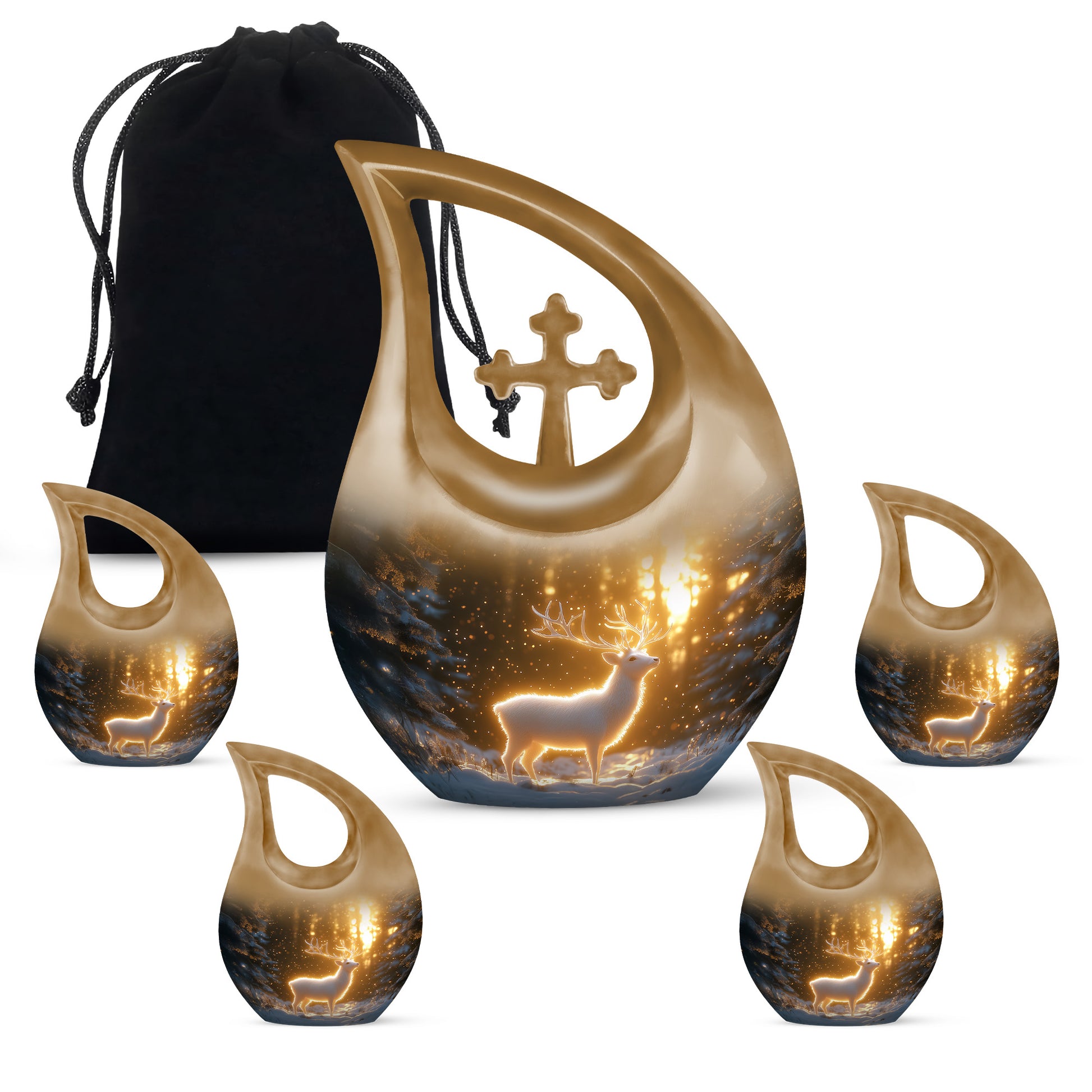 Royal Gold Deer Cremation Urn urn with complimentary velvet bag - faith-inspired cross-drop urn with deer pattern - memorial set with one large and four small urns