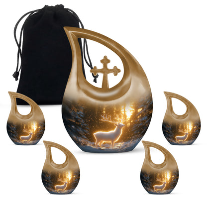 Royal Gold Deer Cremation Urn urn with complimentary velvet bag - faith-inspired cross-drop urn with deer pattern - memorial set with one large and four small urns