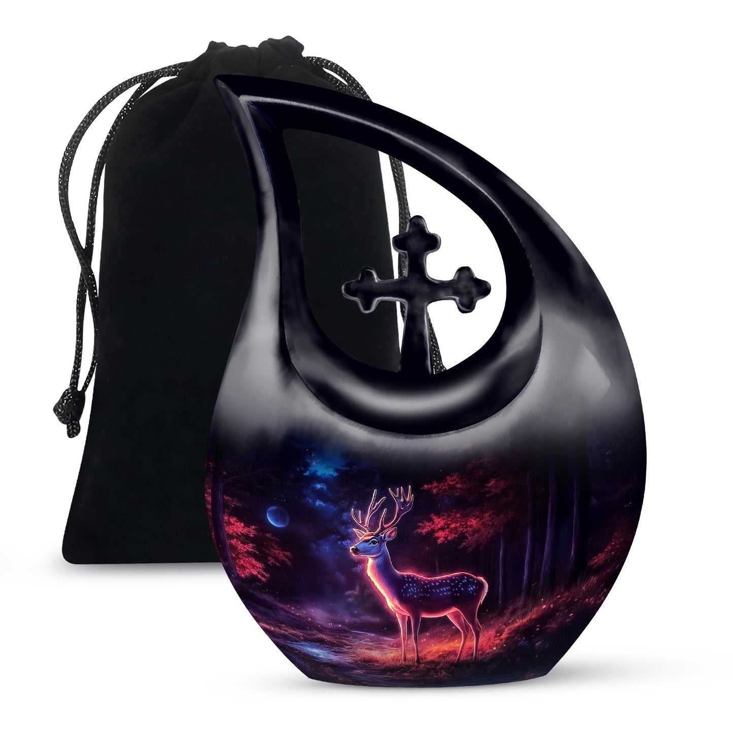 Charcoal Black Deer Cremation Urn top-down view of secure threaded lid - devotional cross-drop deer engraving - full-size 10 inch 200 cubic inch adult cremation urn