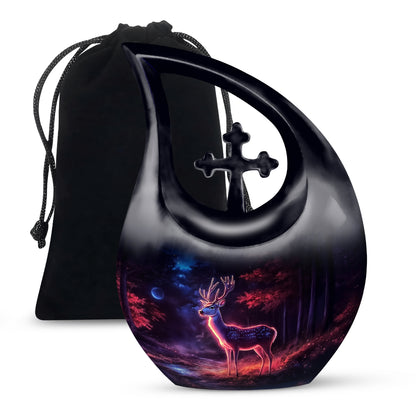 Charcoal Black Deer Cremation Urn top-down view of secure threaded lid - devotional cross-drop deer engraving - full-size 10 inch 200 cubic inch adult cremation urn