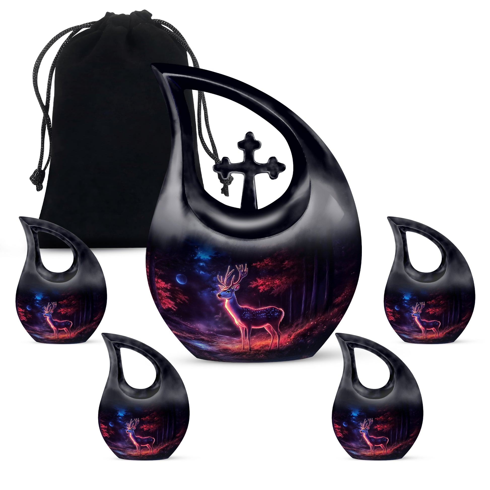 Glossy Black Deer Cremation Urn urn with complimentary velvet bag - sacred cross merged with deer motif on metal - memorial set with one large and four small urns