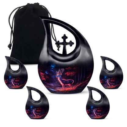 Glossy Black Deer Cremation Urn urn with complimentary velvet bag - sacred cross merged with deer motif on metal - memorial set with one large and four small urns