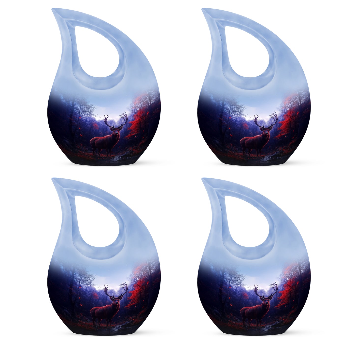 Steel Blue Deer Cremation Urn lifestyle display on memorial shelf - faith-inspired cross-drop urn with deer pattern - 10 inch aluminum urn for cremated remains