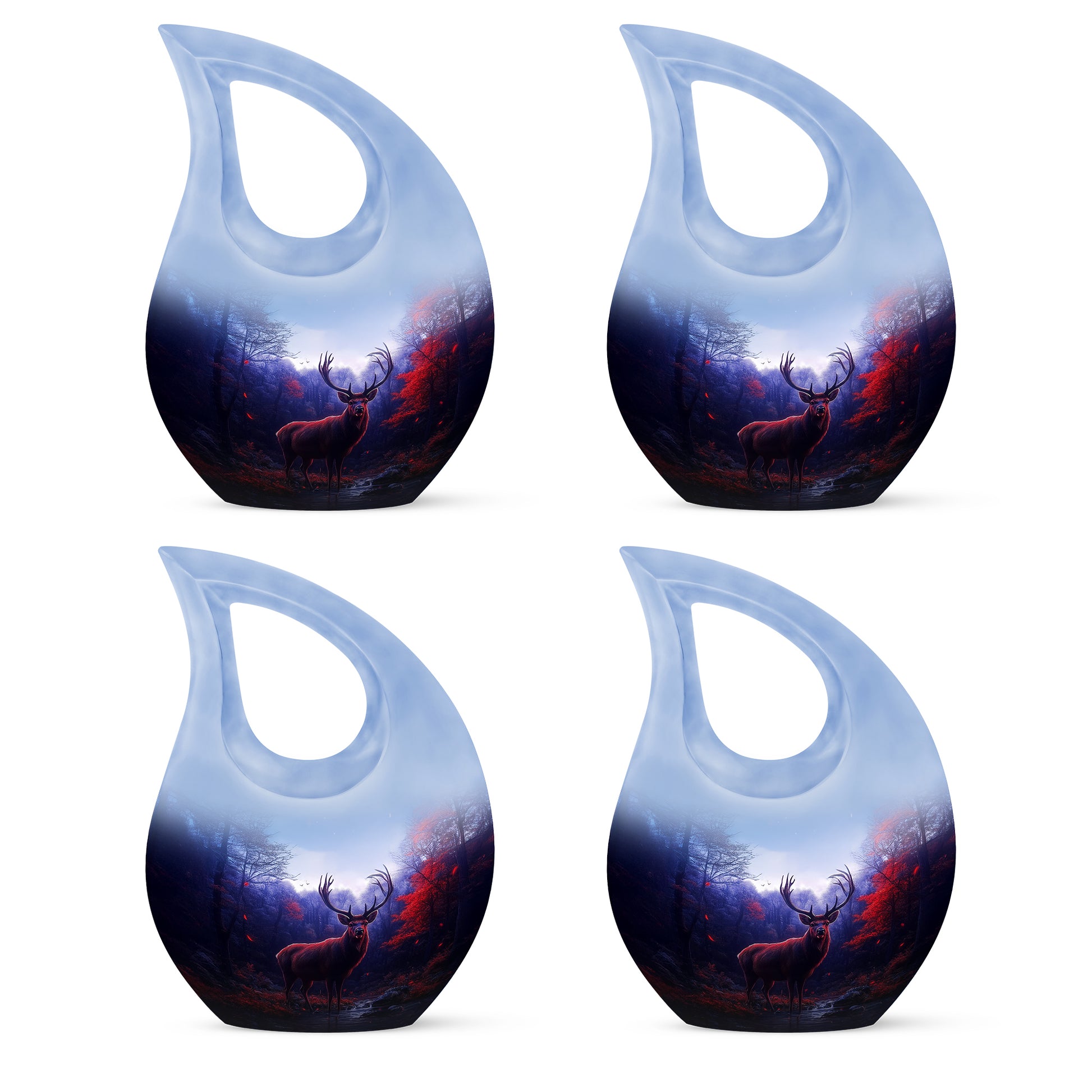 Steel Blue Deer Cremation Urn lifestyle display on memorial shelf - faith-inspired cross-drop urn with deer pattern - 10 inch aluminum urn for cremated remains