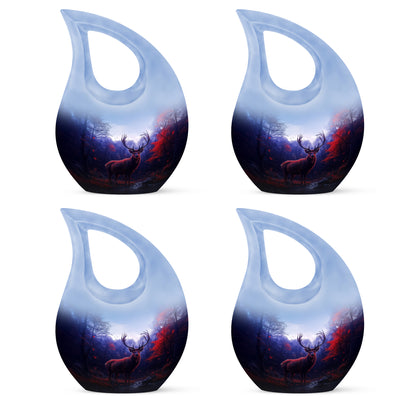 Steel Blue Deer Cremation Urn lifestyle display on memorial shelf - faith-inspired cross-drop urn with deer pattern - 10 inch aluminum urn for cremated remains
