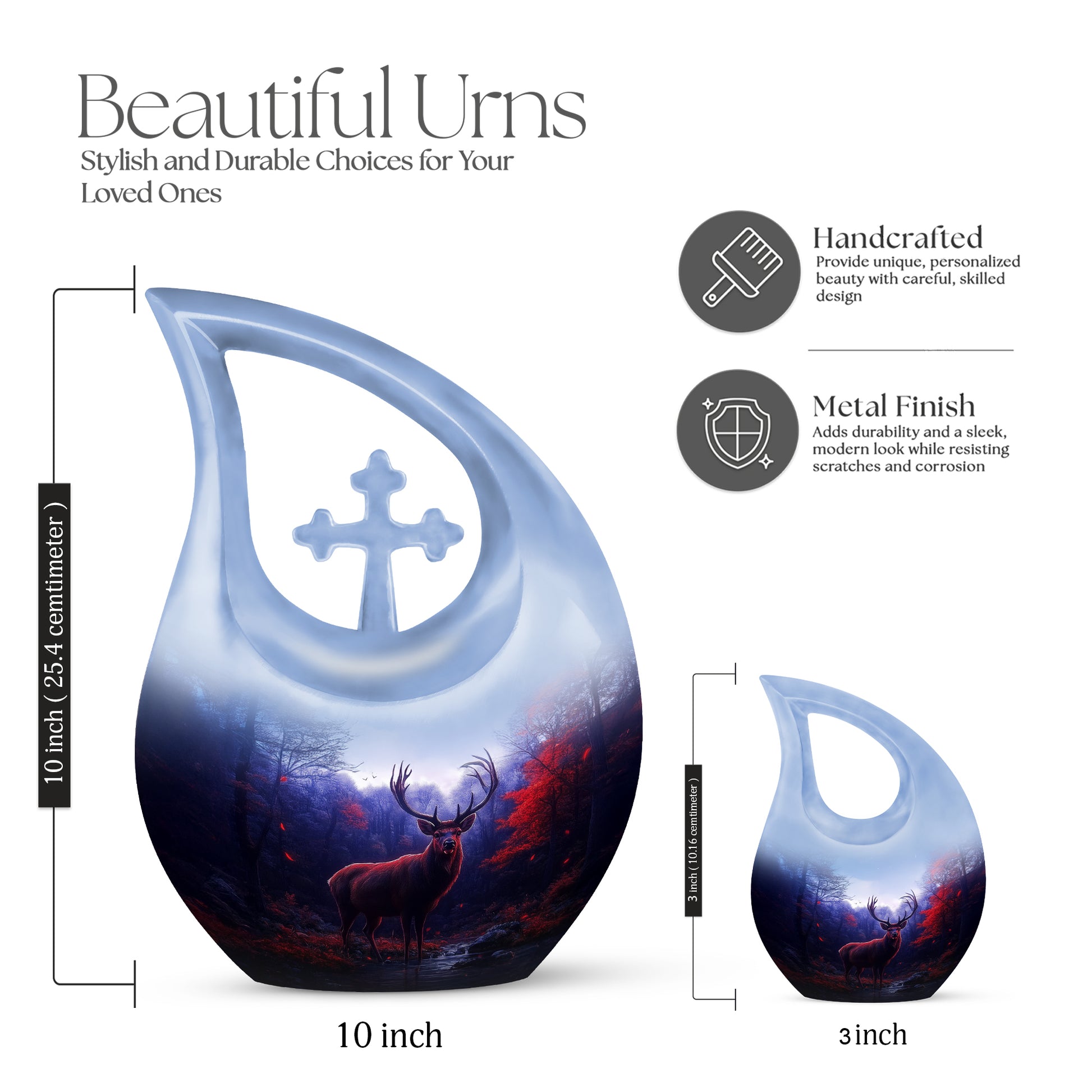 Vivid Blue Deer Cremation Urn back view with polished surface - faith-inspired cross-drop urn with deer pattern - mini keepsake memorial for portion of cremation ashes