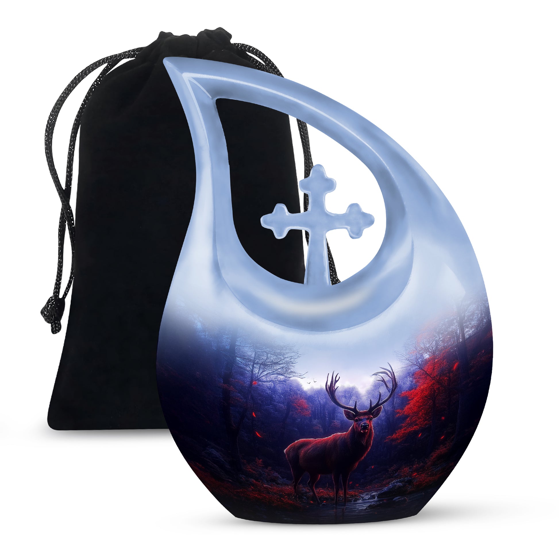 Serene Blue Deer Cremation Urn top-down view of secure threaded lid - devotional cross-drop deer engraving - full-size 10 inch 200 cubic inch adult cremation urn