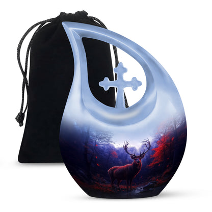 Serene Blue Deer Cremation Urn top-down view of secure threaded lid - devotional cross-drop deer engraving - full-size 10 inch 200 cubic inch adult cremation urn