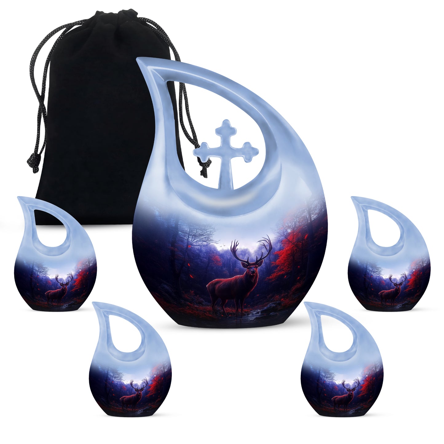 Azure Deer Cremation Urn urn with complimentary velvet bag - cross and deer combined in spiritual memorial design - memorial set with one large and four small urns
