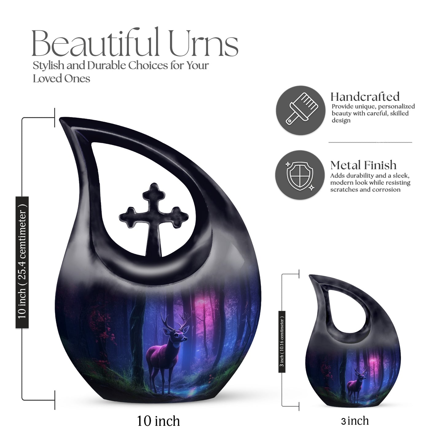 Steel Blue Deer Cremation Urn back view with polished surface - faith-inspired cross-drop urn with deer pattern - mini keepsake memorial for portion of cremation ashes