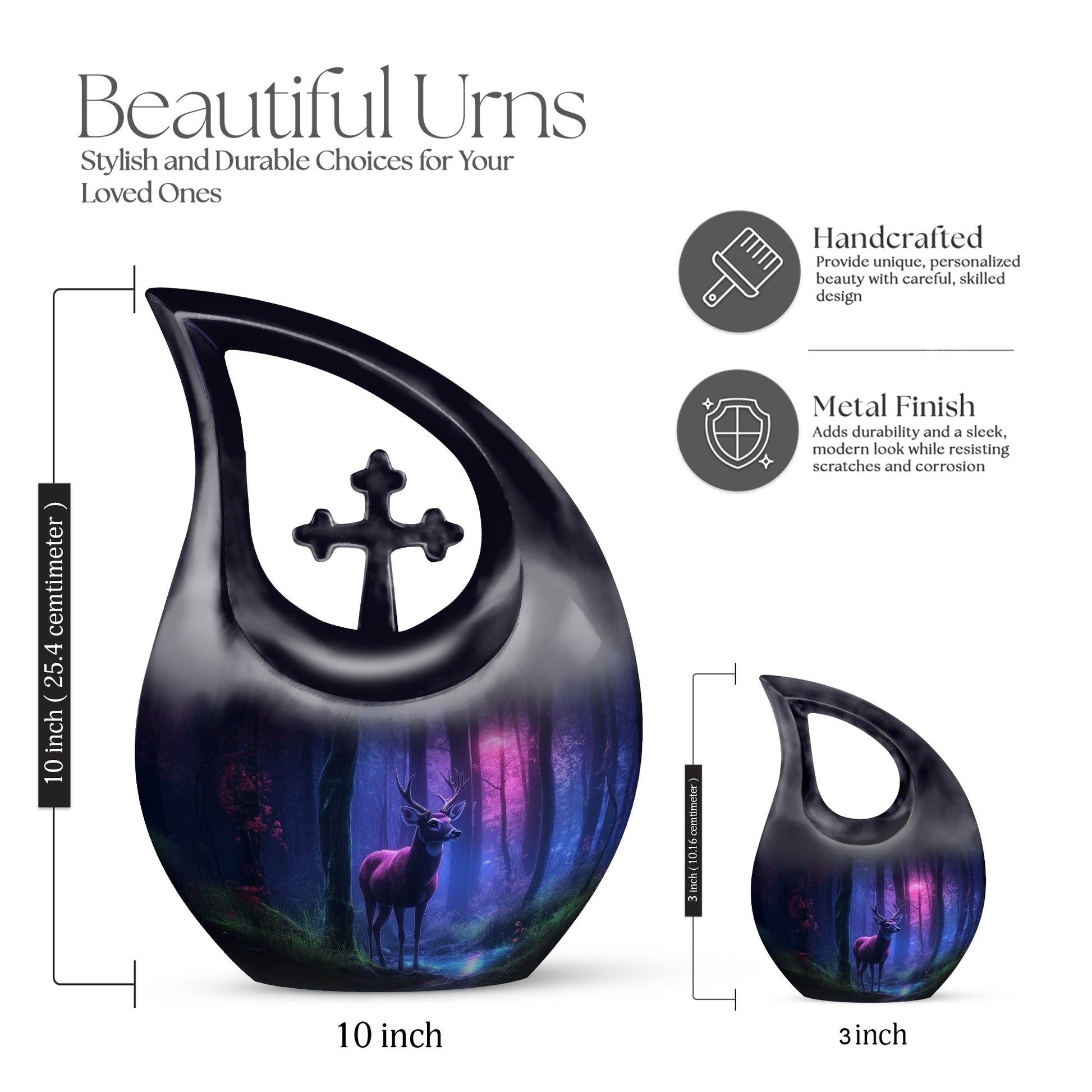 Steel Blue Deer Cremation Urn back view with polished surface - faith-inspired cross-drop urn with deer pattern - mini keepsake memorial for portion of cremation ashes