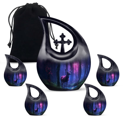 Azure Deer Cremation Urn urn with complimentary velvet bag - cross and deer combined in spiritual memorial design - memorial set with one large and four small urns