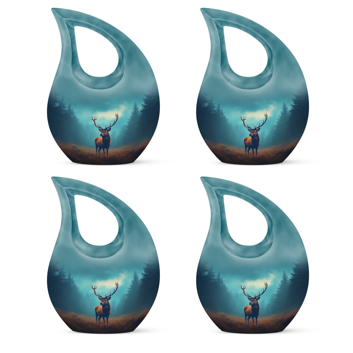 Vivid Teal Deer Cremation Urn lifestyle display on memorial shelf - faith-inspired cross-drop urn with deer pattern - 10 inch aluminum urn for cremated remains