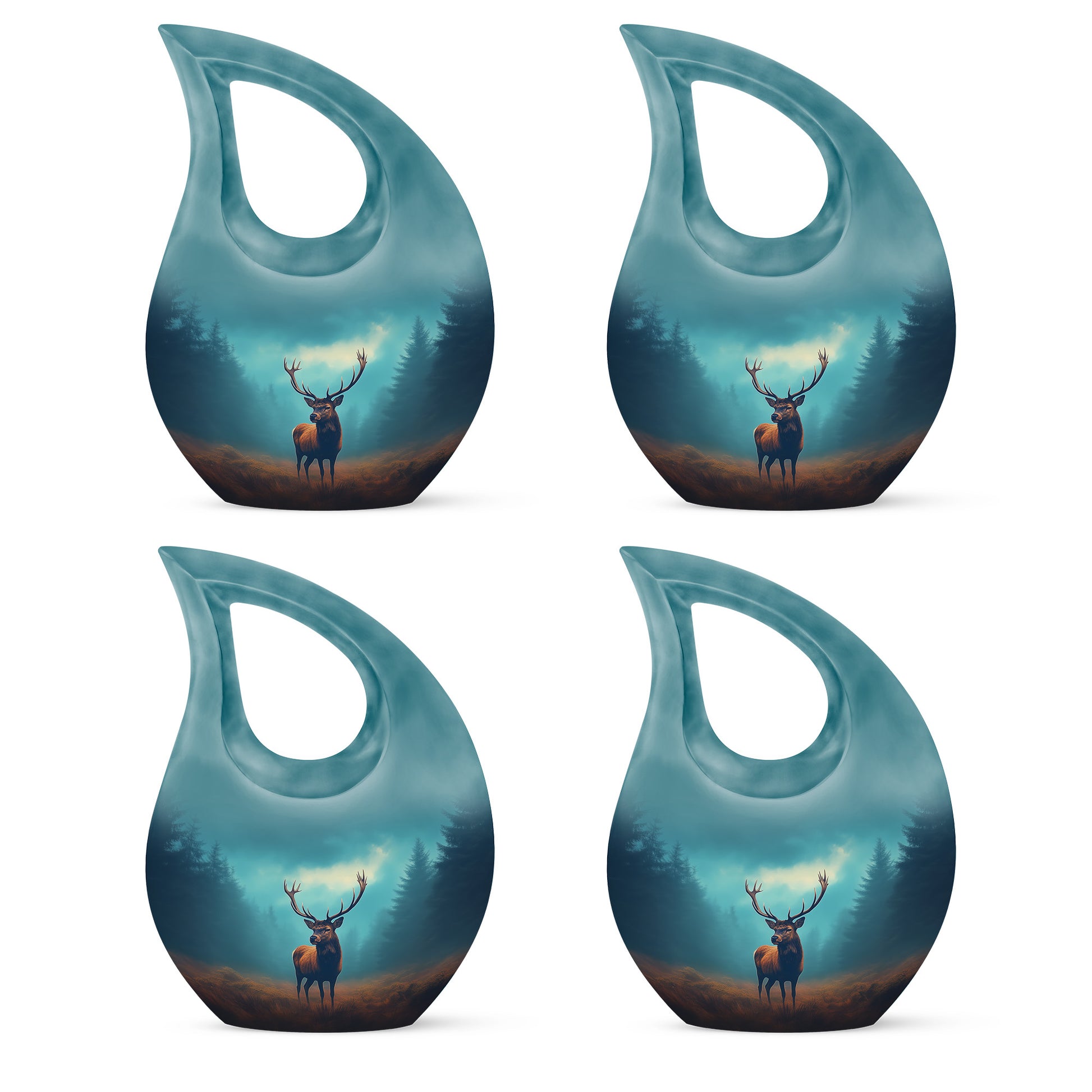 Vivid Teal Deer Cremation Urn lifestyle display on memorial shelf - faith-inspired cross-drop urn with deer pattern - 10 inch aluminum urn for cremated remains