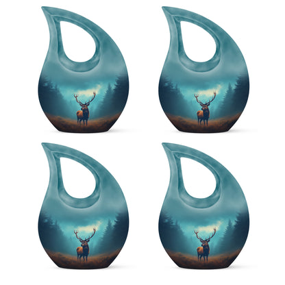 Vivid Teal Deer Cremation Urn lifestyle display on memorial shelf - faith-inspired cross-drop urn with deer pattern - 10 inch aluminum urn for cremated remains