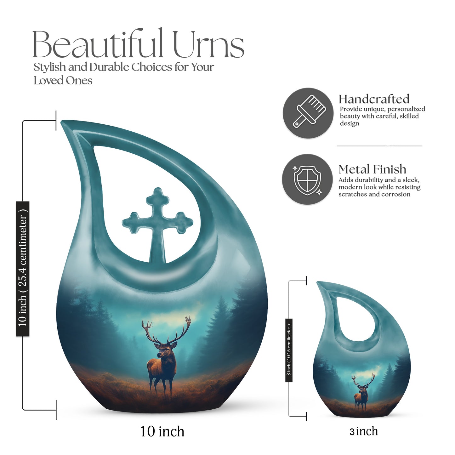 Sea Green Teal Deer Cremation Urn back view with polished surface - sacred cross merged with deer motif on metal - mini keepsake memorial for portion of cremation ashes