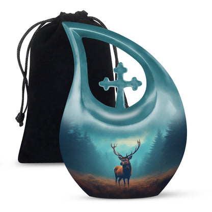Aqua Teal Deer Cremation Urn top-down view of secure threaded lid - devotional cross-drop deer engraving - full-size 10 inch 200 cubic inch adult cremation urn
