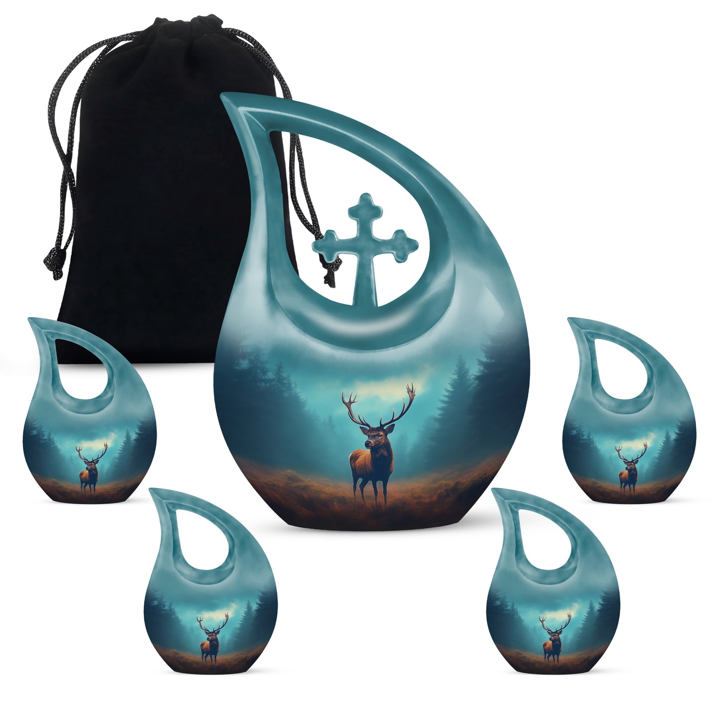 Aqua Teal Deer Cremation Urn urn with complimentary velvet bag - devotional cross-drop deer engraving - memorial set with one large and four small urns
