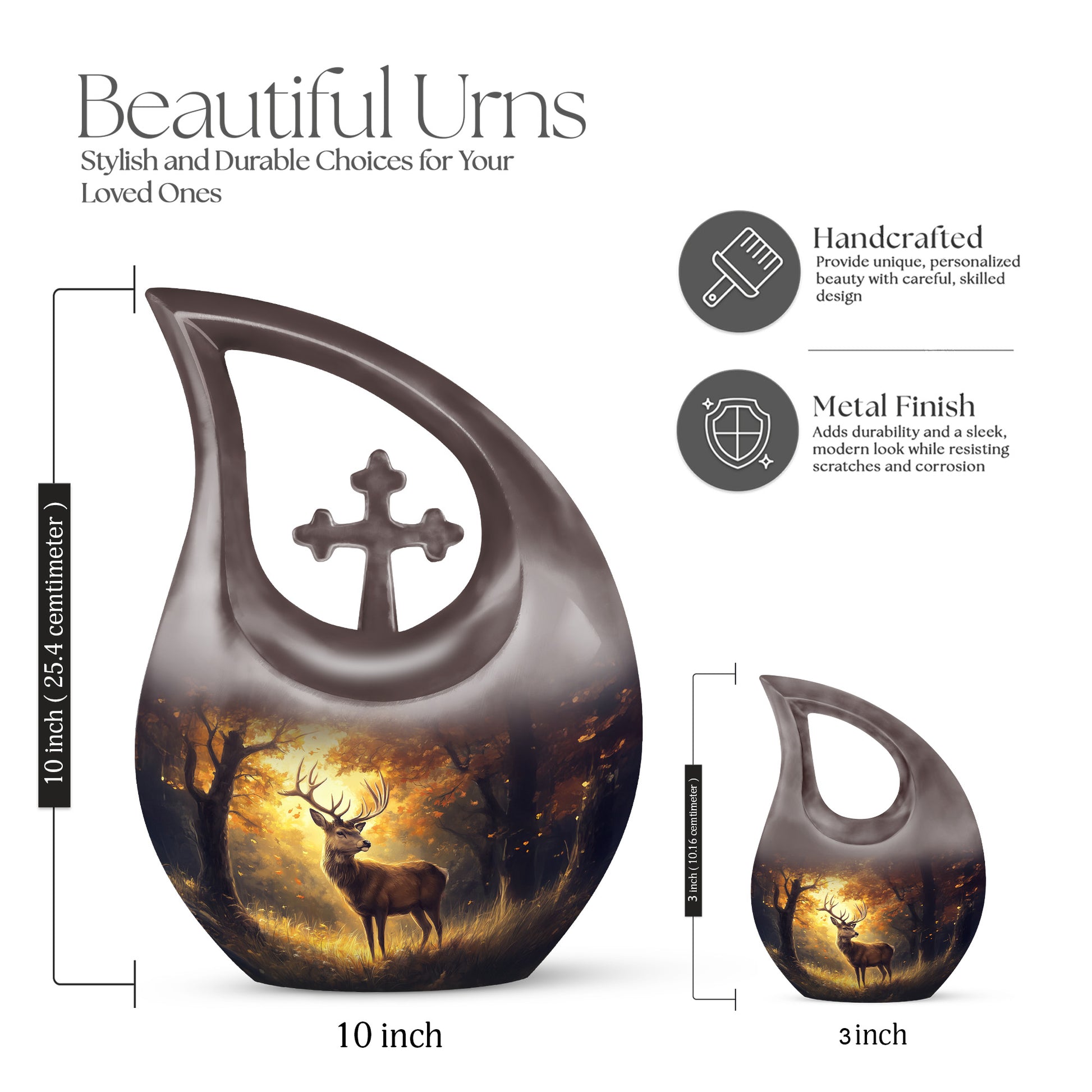 Royal Gold Deer Cremation Urn back view with polished surface - faith-inspired cross-drop urn with deer pattern - mini keepsake memorial for portion of cremation ashes