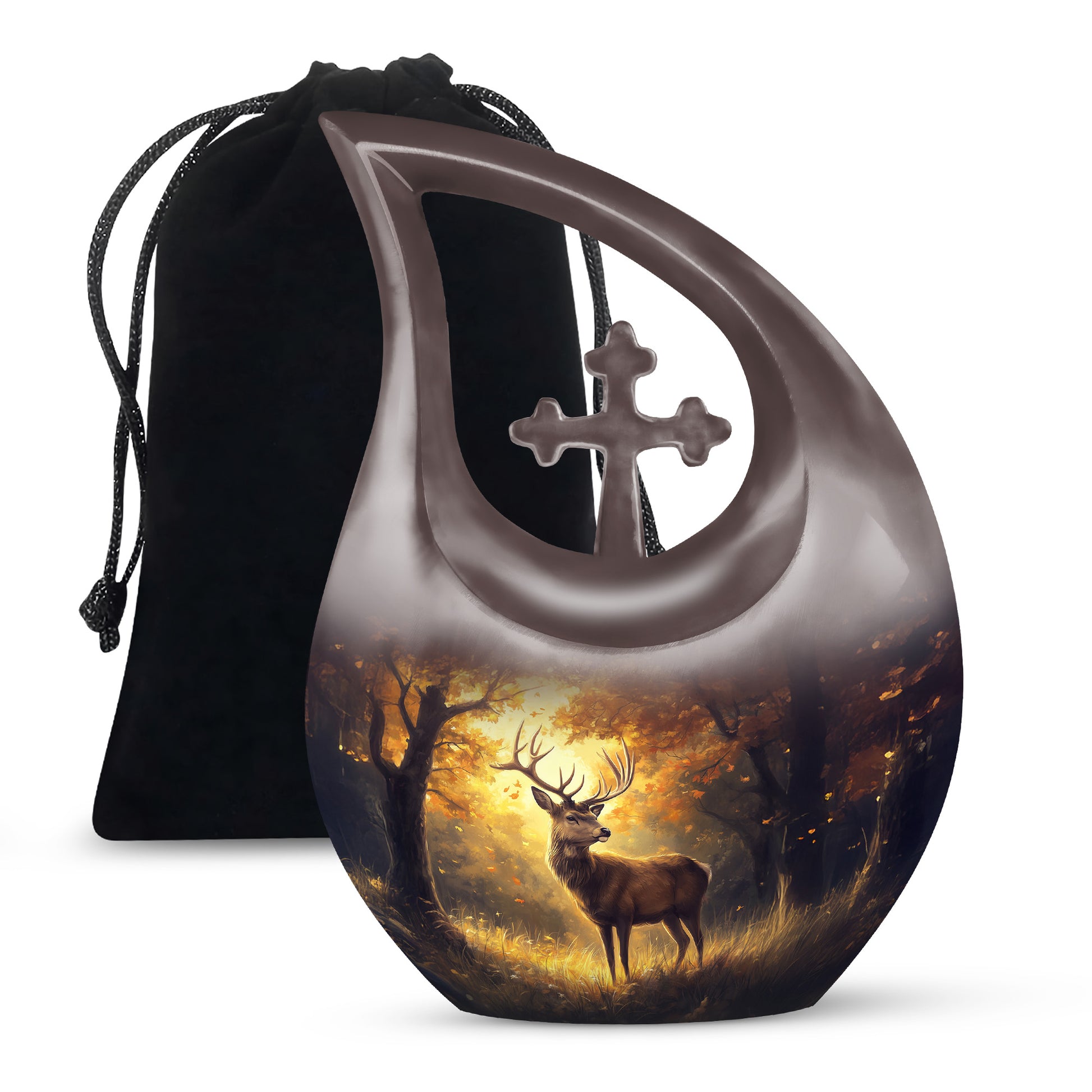 Warm Gold Deer Cremation Urn top-down view of secure threaded lid - faith-inspired cross-drop urn with deer pattern - full-size 10 inch 200 cubic inch adult cremation urn
