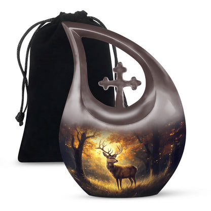 Warm Gold Deer Cremation Urn top-down view of secure threaded lid - faith-inspired cross-drop urn with deer pattern - full-size 10 inch 200 cubic inch adult cremation urn