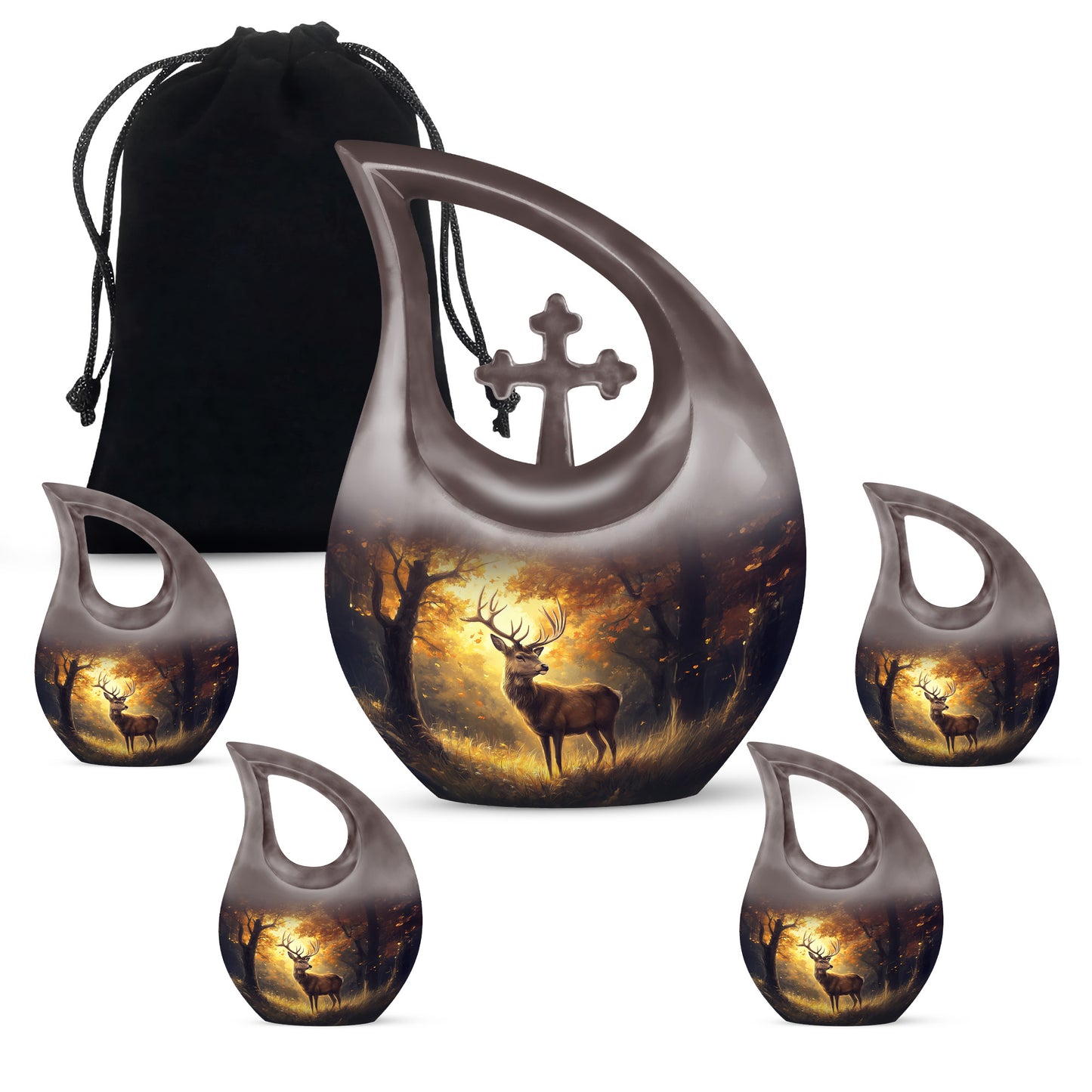 Matte Gold Deer Cremation Urn urn with complimentary velvet bag - faith-inspired cross-drop urn with deer pattern - memorial set with one large and four small urns