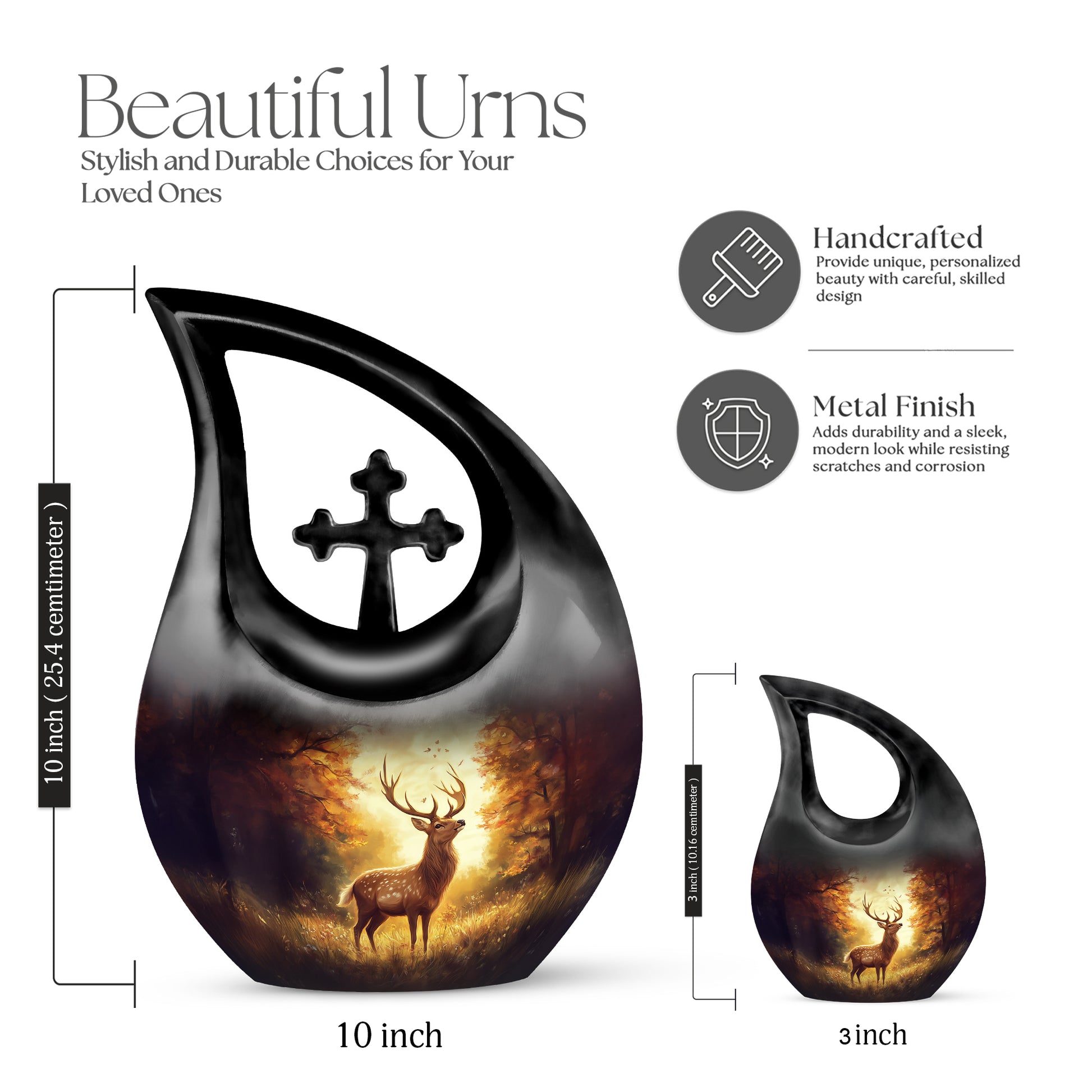 Rich Red Deer Cremation Urn back view with polished surface - devotional cross-drop deer engraving - mini keepsake memorial for portion of cremation ashes