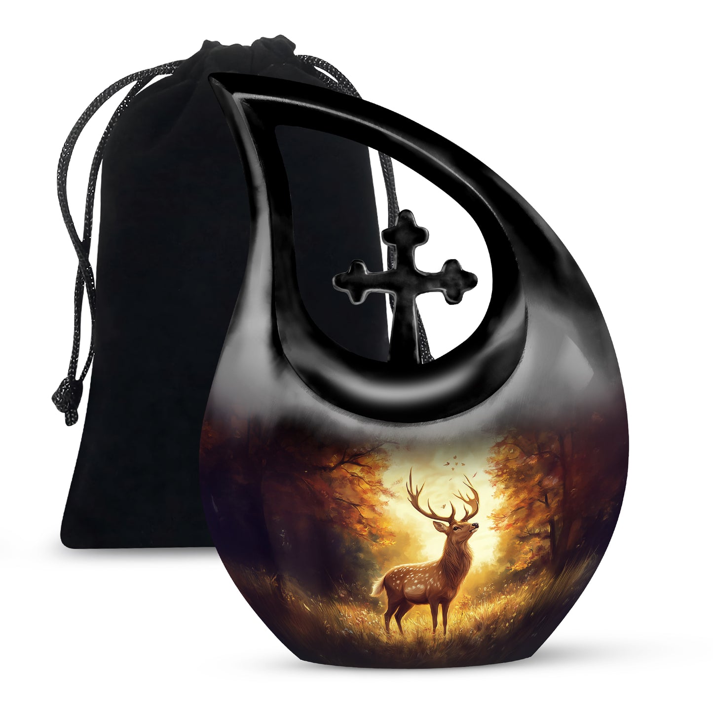 Wine Red Deer Cremation Urn top-down view of secure threaded lid - sacred cross merged with deer motif on metal - full-size 10 inch 200 cubic inch adult cremation urn