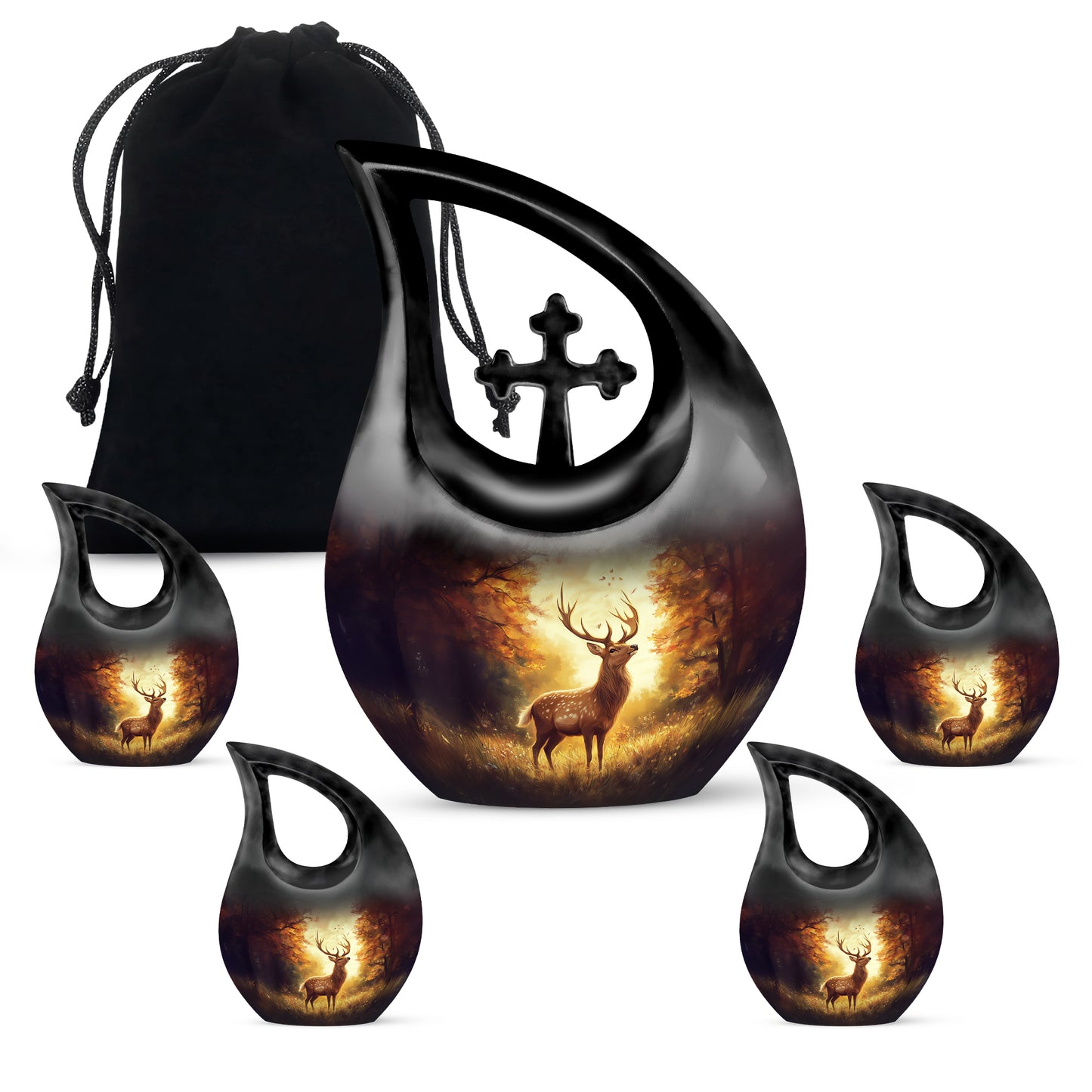 Burgundy Red Deer Cremation Urn urn with complimentary velvet bag - cross and deer combined in spiritual memorial design - memorial set with one large and four small urns