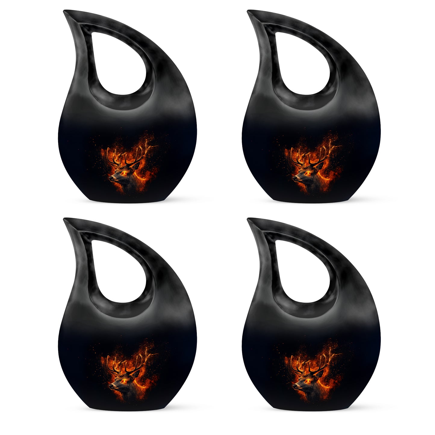 Obsidian Black Deer Cremation Urn lifestyle display on memorial shelf - faith-inspired cross-drop urn with deer pattern - 10 inch aluminum urn for cremated remains
