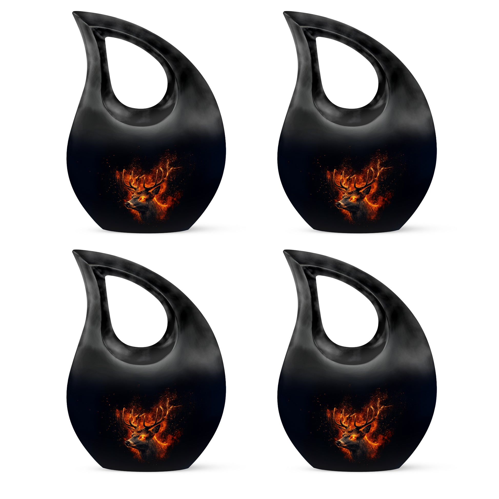 Obsidian Black Deer Cremation Urn lifestyle display on memorial shelf - faith-inspired cross-drop urn with deer pattern - 10 inch aluminum urn for cremated remains