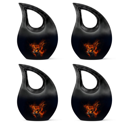 Obsidian Black Deer Cremation Urn lifestyle display on memorial shelf - faith-inspired cross-drop urn with deer pattern - 10 inch aluminum urn for cremated remains