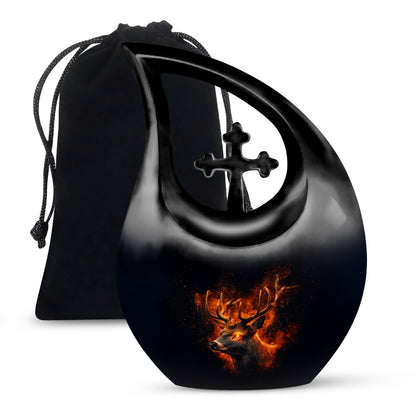 Jet Black Deer Cremation Urn top-down view of secure threaded lid - cross and deer combined in spiritual memorial design - full-size 10 inch 200 cubic inch adult cremation urn