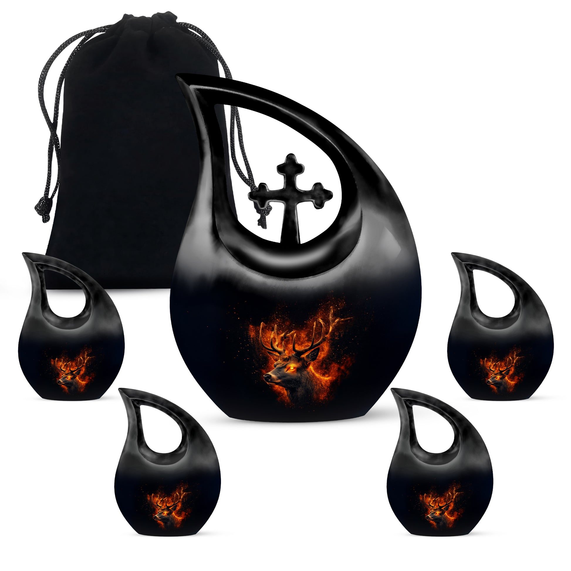 Deep Black Deer Cremation Urn urn with complimentary velvet bag - sacred cross merged with deer motif on metal - memorial set with one large and four small urns