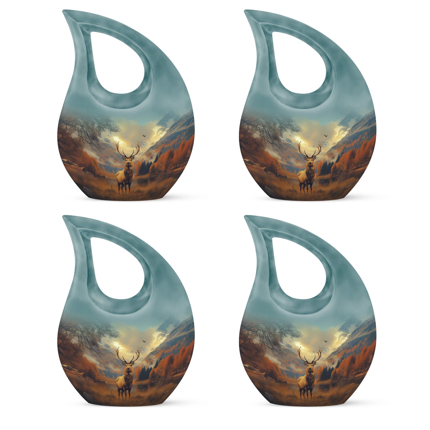 Harvest Gold Deer Cremation Urn lifestyle display on memorial shelf - faith-inspired cross-drop urn with deer pattern - 10 inch aluminum urn for cremated remains