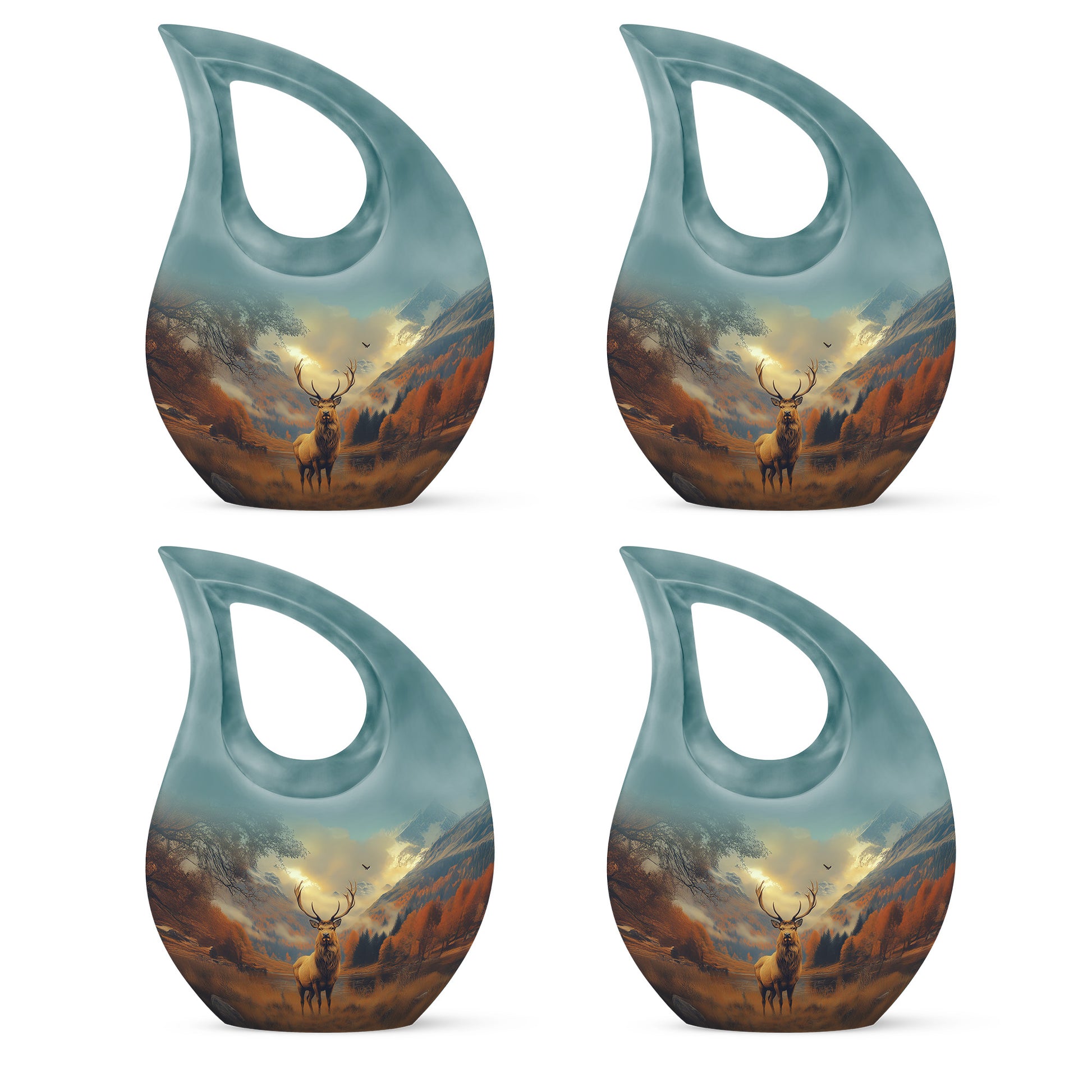 Harvest Gold Deer Cremation Urn lifestyle display on memorial shelf - faith-inspired cross-drop urn with deer pattern - 10 inch aluminum urn for cremated remains