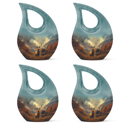 Harvest Gold Deer Cremation Urn lifestyle display on memorial shelf - faith-inspired cross-drop urn with deer pattern - 10 inch aluminum urn for cremated remains